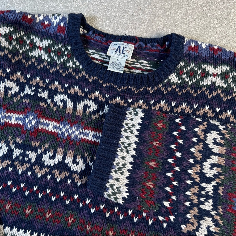 American Eagle Pullover Sweater Knit Patterned Blue Crew Neck women's medium